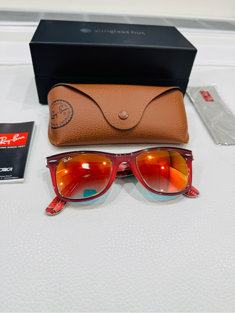 Ray-Ban Red Frame with Orange Mirrored Lenses Wayfarer Sunglasses blue inside